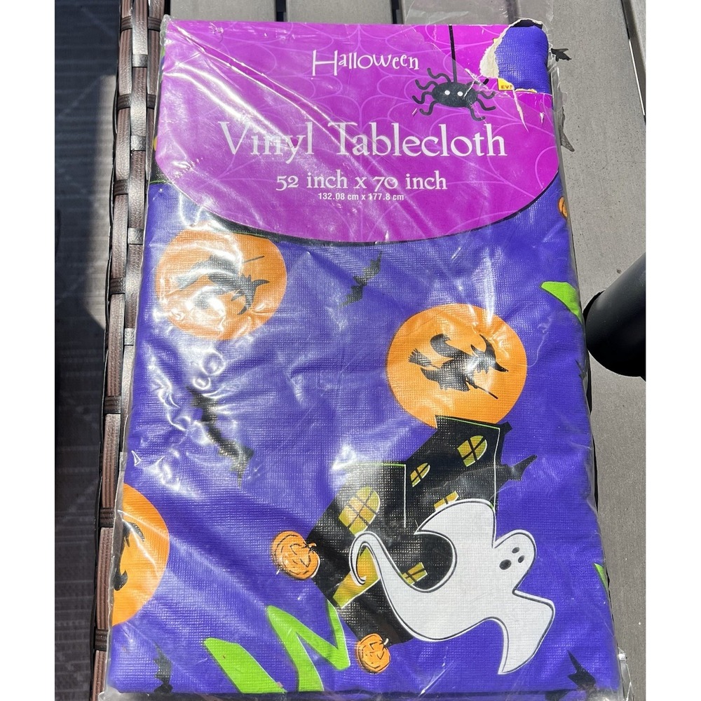 Halloween Vinyl Tablecloth Oblong 52x70" Witch Pumpkin Ghost Bats Purple NIP